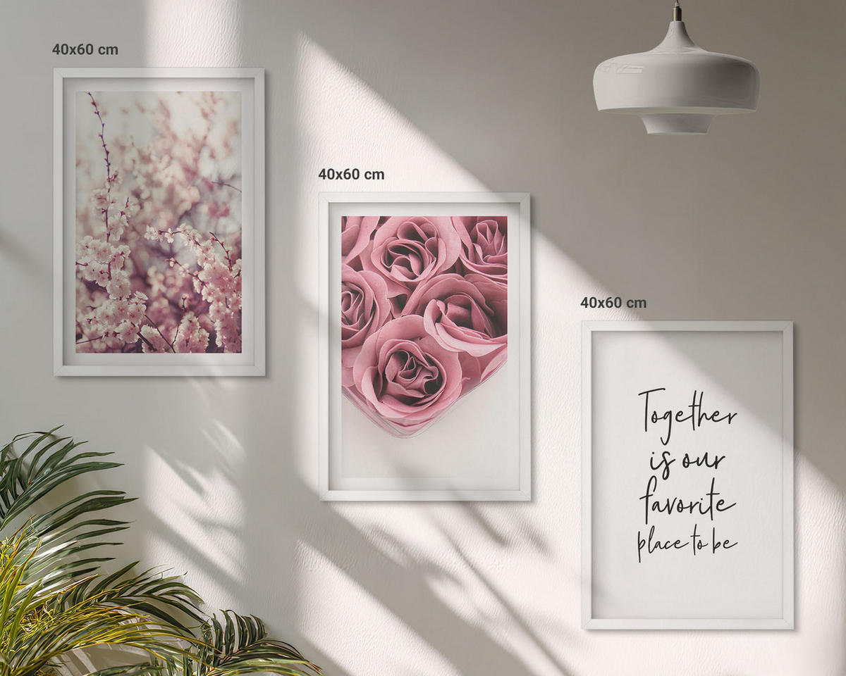 BILDER SET 3er Set - 40x60 cm Weißer Rahmen - Blumensträuße aus Rosen mit einer Inschrift - Weiß, Kunststoff (40/60cm) - TULUP