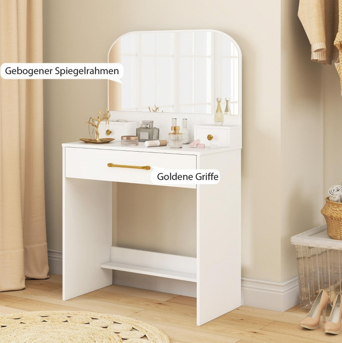 SCHMINKTISCH 80/40/135 cm mit gewölbtem Spiegel, 3 Schubladen und Holzwerkstoff, Weiß - Weiß, Holz (80/135/40cm) - Redom