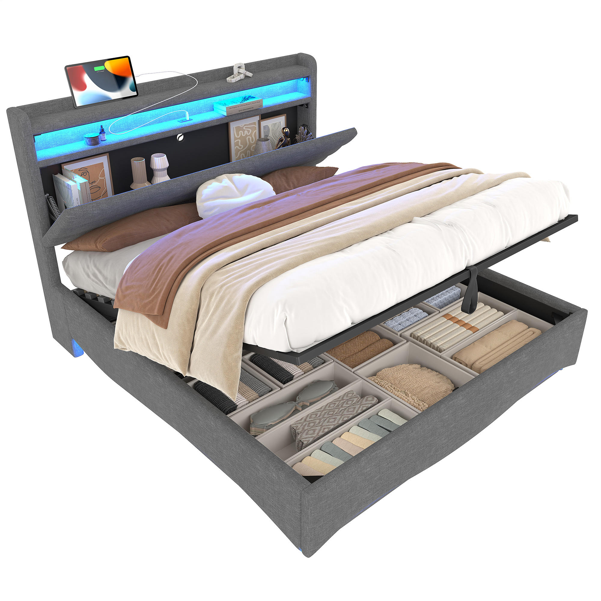 POLSTERBETT 140x200cm Grau LED Hydraulik USB Leinen - Grau, Holz (90/200cm) - FLIEKS