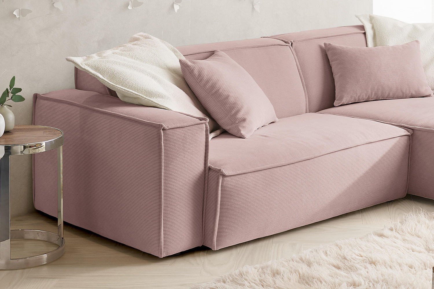 ECKSOFA SAMU Pink Cord - Pink/Schwarz, Textil (276/168cm) - KAWOLA