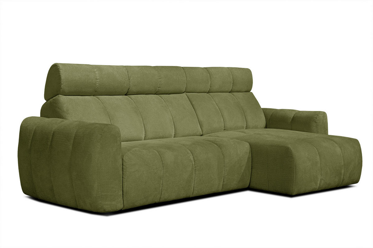 ECKSOFA KIMI 3-Sitzer, ausziehbarer Sitz, verstellbare Kopfstützen, olivgrün - Schwarz/Olivgrün, Holzwerkstoff/Textil (270/160cm) - Courtois Laville