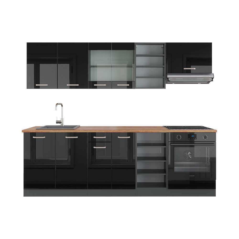 KÜCHENZEILE R-Line Schwarz Hochglanz/Anthrazit 240 cm, AP Eiche - Schwarz Hochglanz/Anthrazit, Holzwerkstoff (240/81.6/60cm) - Vicco