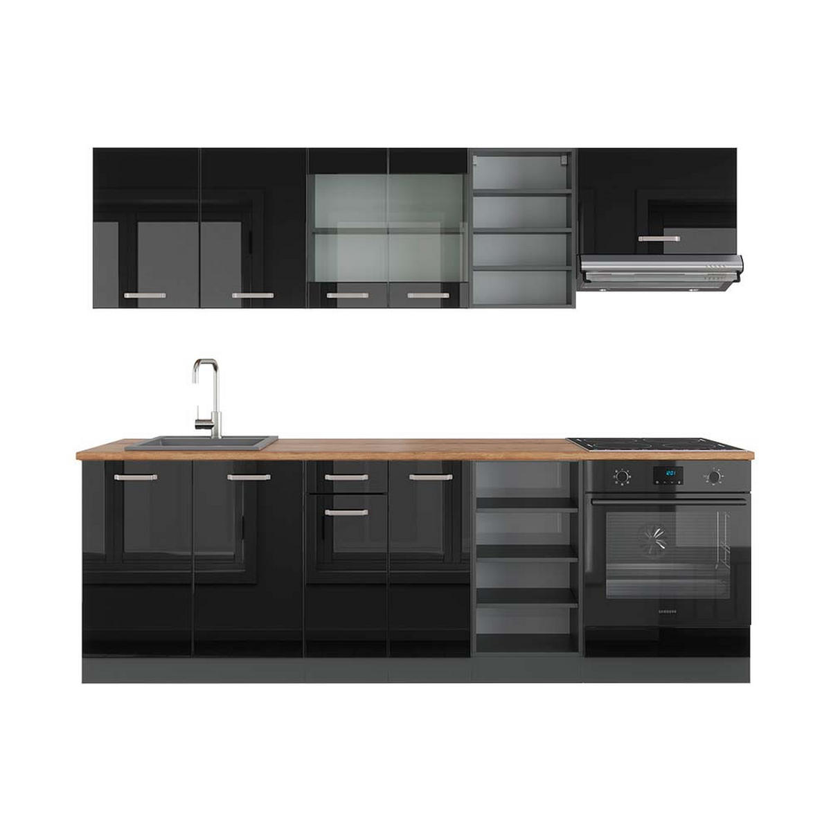 KÜCHENZEILE R-Line Schwarz Hochglanz/Anthrazit 240 cm, AP Eiche - Schwarz Hochglanz/Anthrazit, Holzwerkstoff (240/81.6/60cm) - Vicco