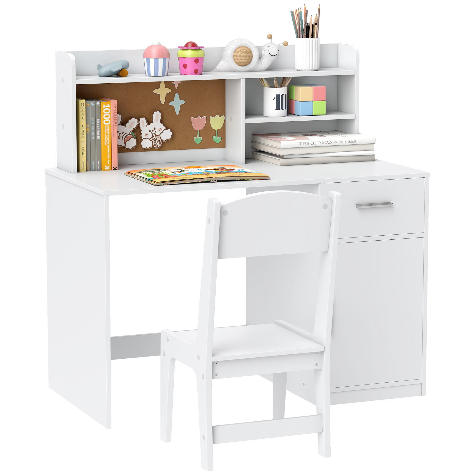 SCHREIBTISCH-SET DE-17563 mit Schrank, Schublade und Korktafel Weiß - Weiß, Holzwerkstoff (90.2/90.8/48.1cm) - ComfortXL