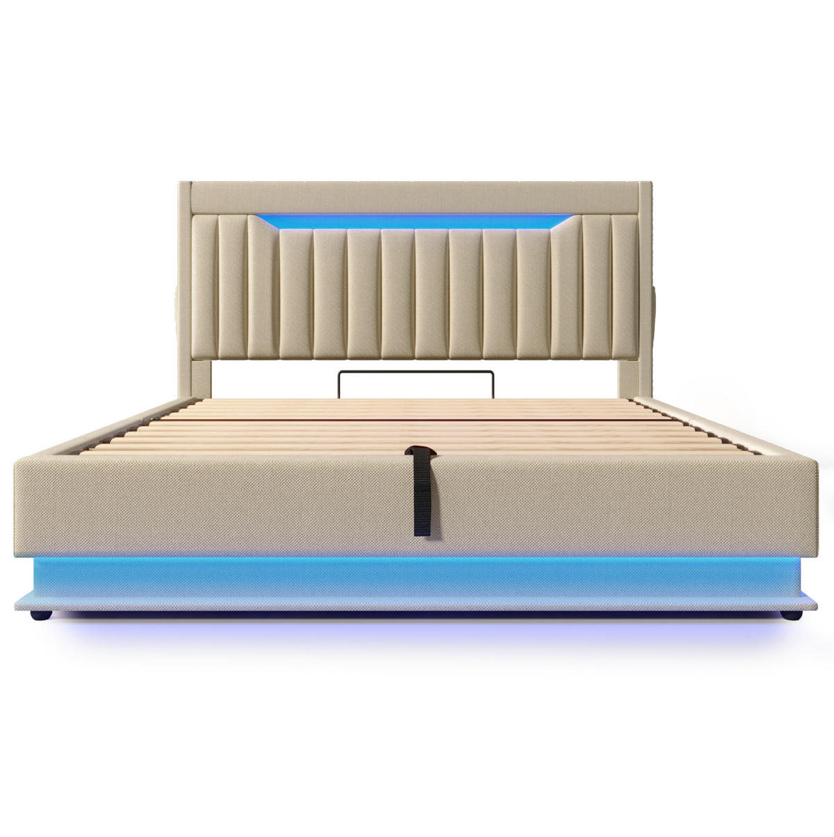 POLSTERBETT 160/200 cm Beige aus Leinen mit LED und Stauraum - Beige, Textil (160/200cm) - OKMYHOME