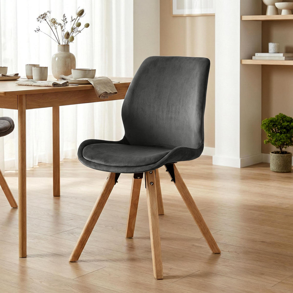 STUHL Samt Dunkelgrau - Eukalyptusholzfarben/Dunkelgrau, Holz/Textil (49/87/58cm) - CLP