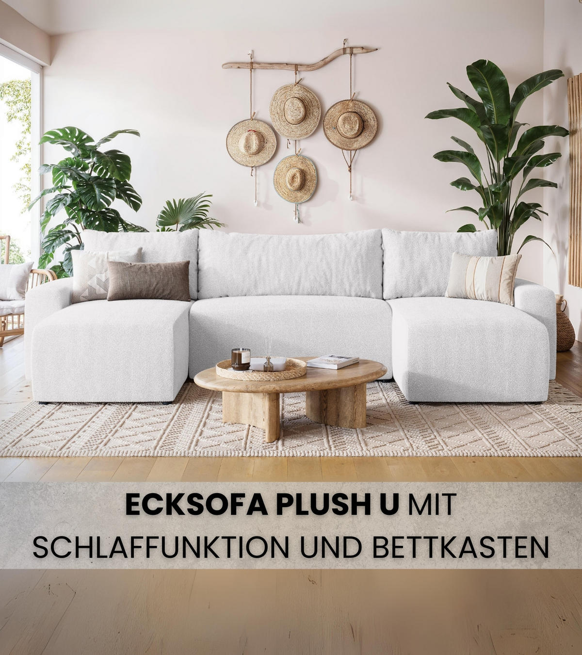 WOHNLANDSCHAFT Plush mit Schlaffunktion Weiß Boucle - Weiß, Kunststoff/Textil (315/72/145cm) - Bromarkt