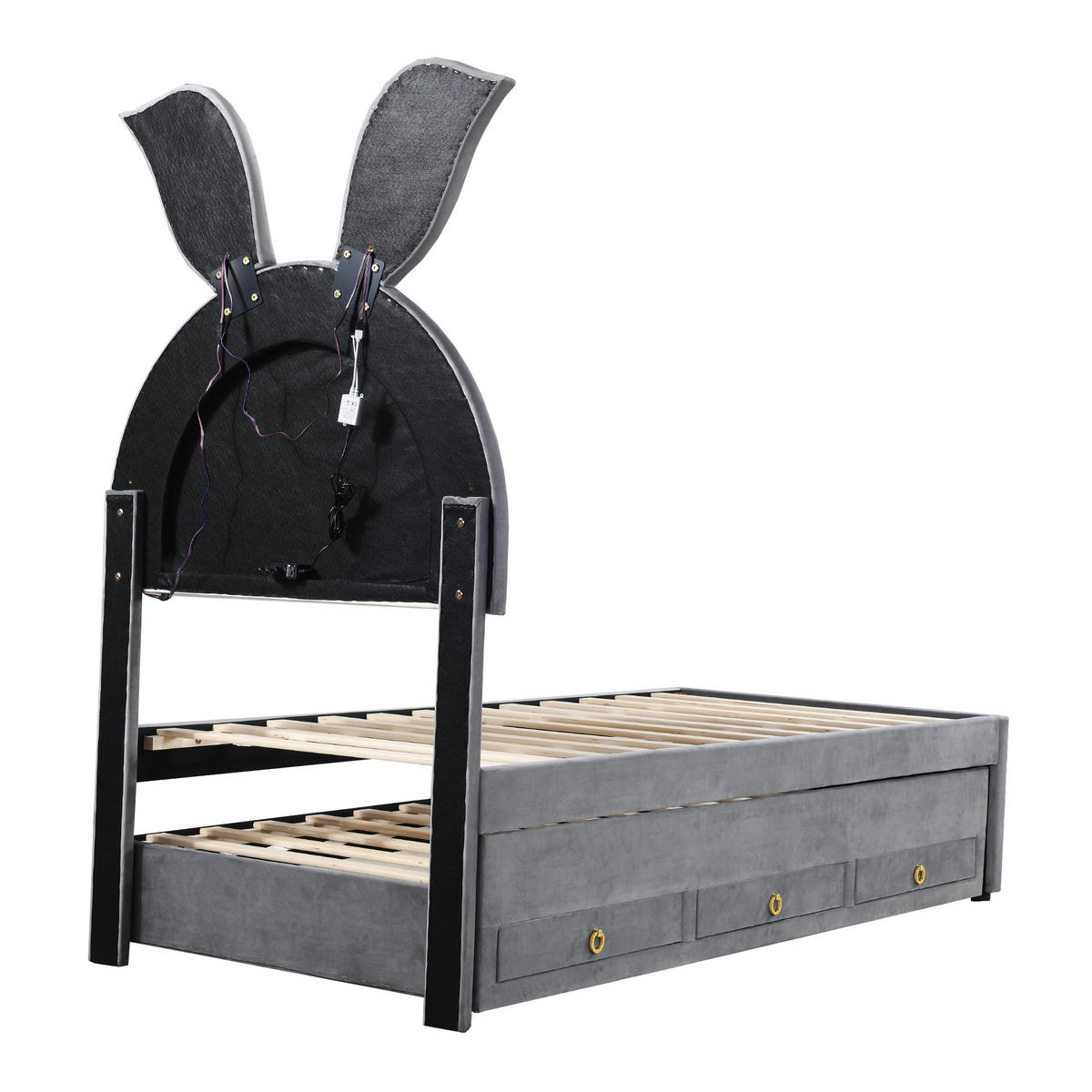 KINDERBETT 90x200 Samtstoff LED Ausziehbar Stauraum Grau - Grau, Holzwerkstoff - FLIEKS