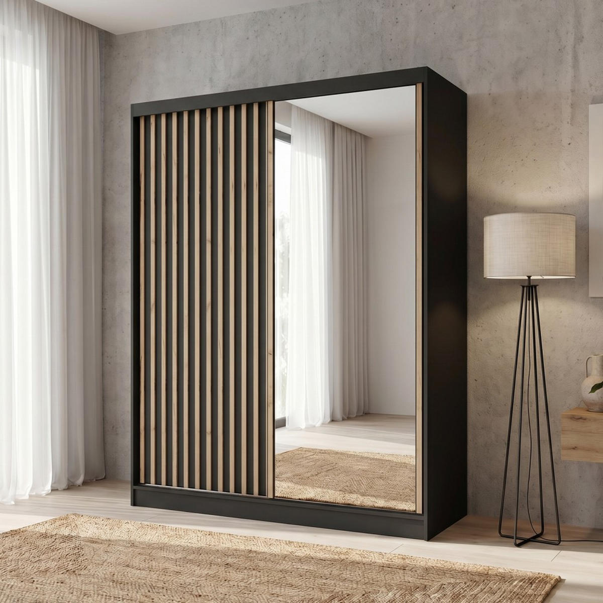 SCHWEBETÜRENSCHRANK Donatello mit 2 Türen. 160 cm, Schwarz+eiche Artisan - Schwarz/Eiche Artisan, Holzwerkstoff (160/205/60cm) - Beautysofa