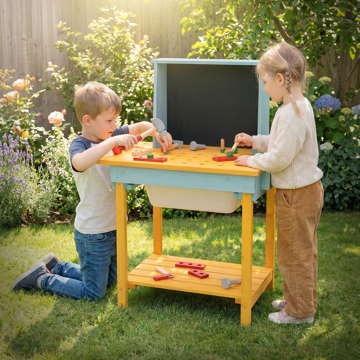 WERKBANK KINDER HOLZ ‎101x37x81 cm ‎Gelb-Türkis - Gelb, Holz/Kunststoff (101/81/37cm) - Joyz