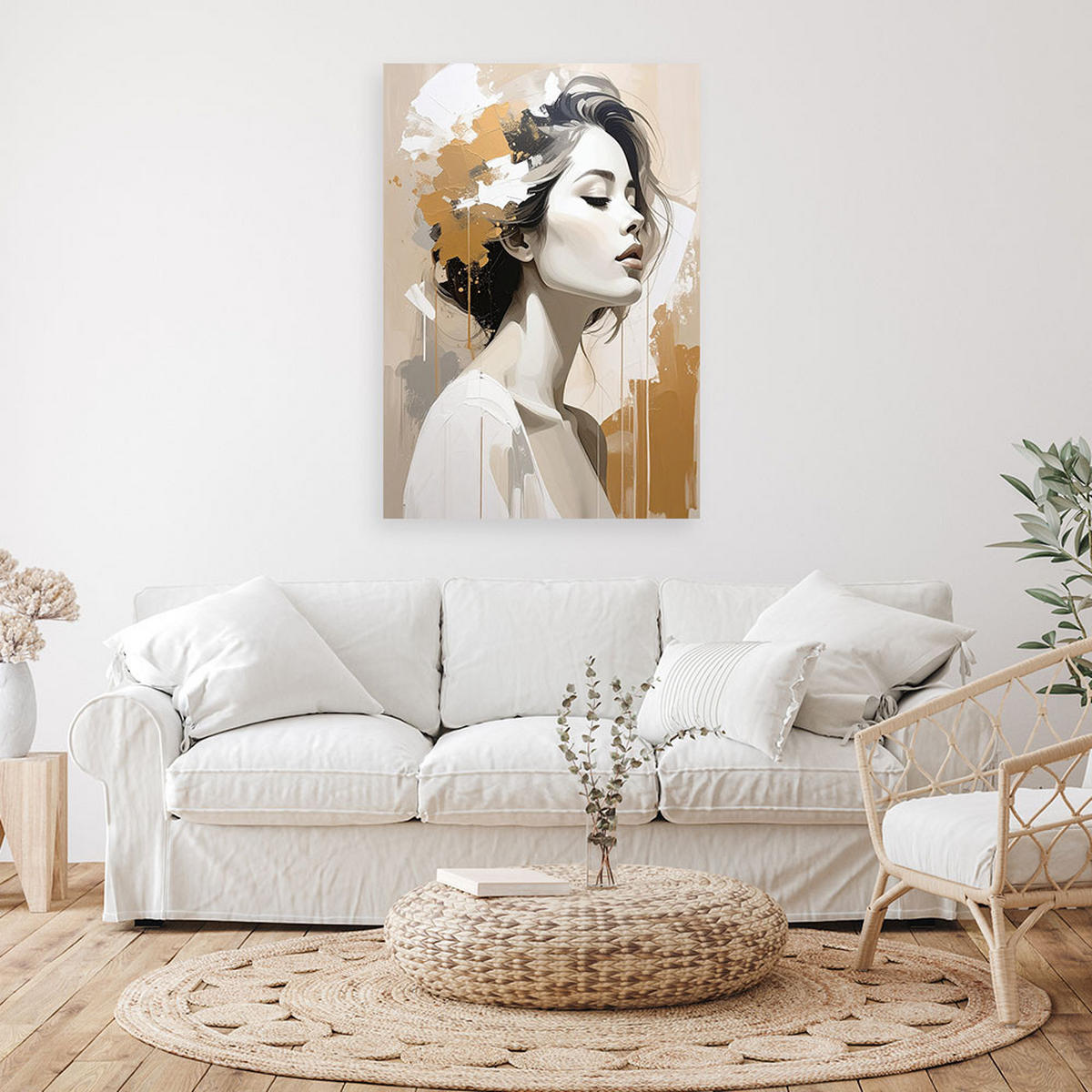 WANDBILD, Subtiles Frauenporträt in Beige und Grau - Weiß, Textil (70/100cm) - Feeby