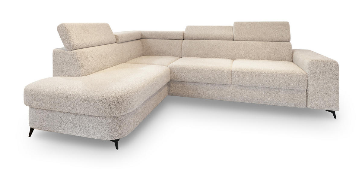 ECKSOFA ALVORO L-S Creme Boucle-Stoff mit Schlaffunktion - Creme, Holz (253/190cm) - MASSENO