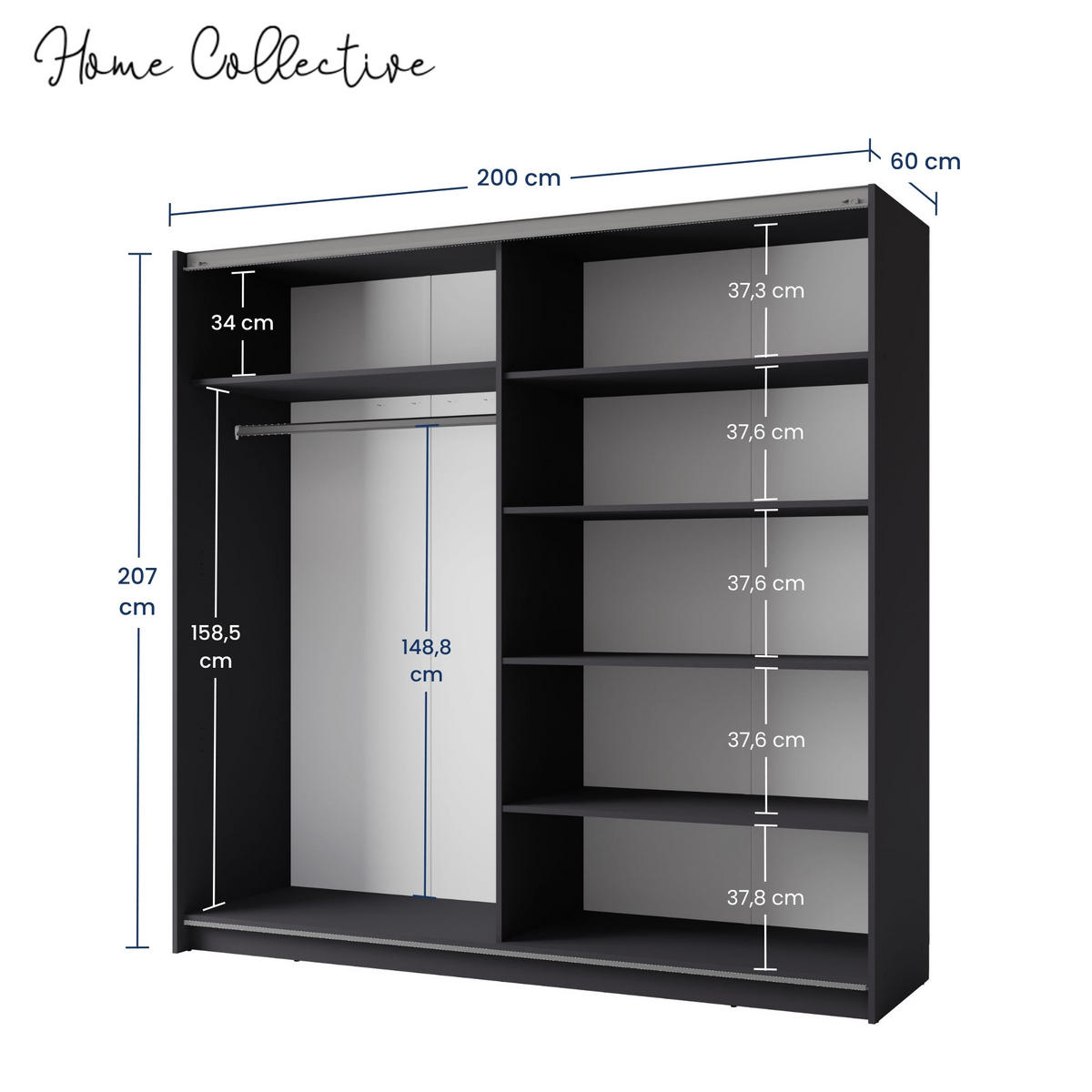 SCHWEBETÜRENSCHRANK 2-Türen mit Spiegel in Graphit - Graphitfarben, Holzwerkstoff (60/207/200.6cm) - Home Collective