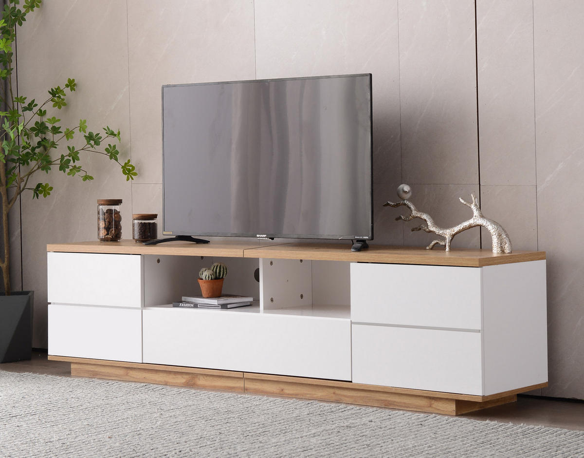 TV-SCHRANK in Weiß und Holzoptik mit 5 Türen und offenen Fächern 180/46/38 cm - Weiß, Holzwerkstoff (180/46/38cm) - Redom