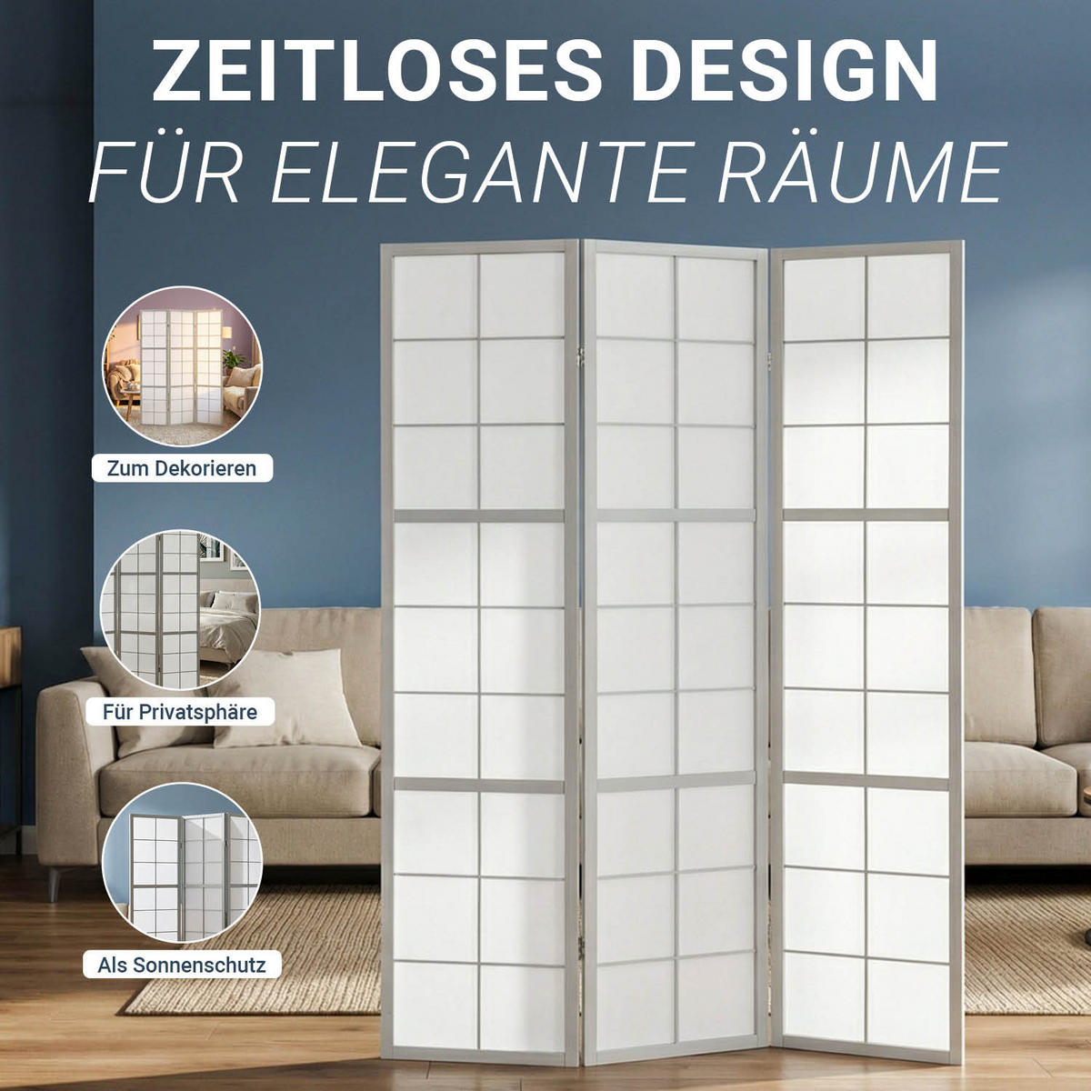 PARAVENT 3-tlg 132/179 cm Grau Holz Shoji - Grau, Holz (132/179/2cm) - Homestyle4u