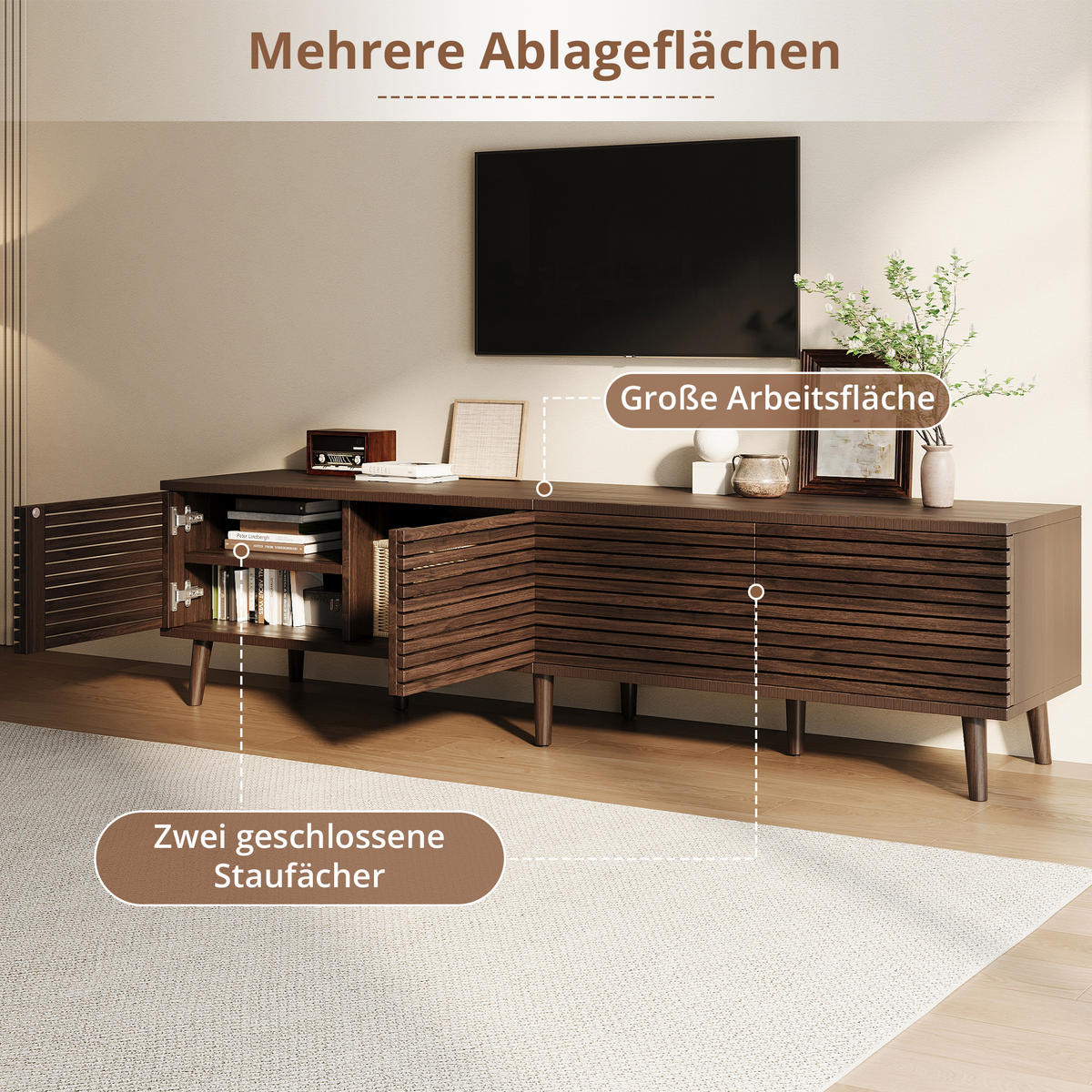 TV-SCHRANK 180/40/46 cm Walnussholzfarbe mit 4 Türen und Kabeldurchführung - Nussbaumfarben, Holzwerkstoff (180/46/40cm) - Oxeza