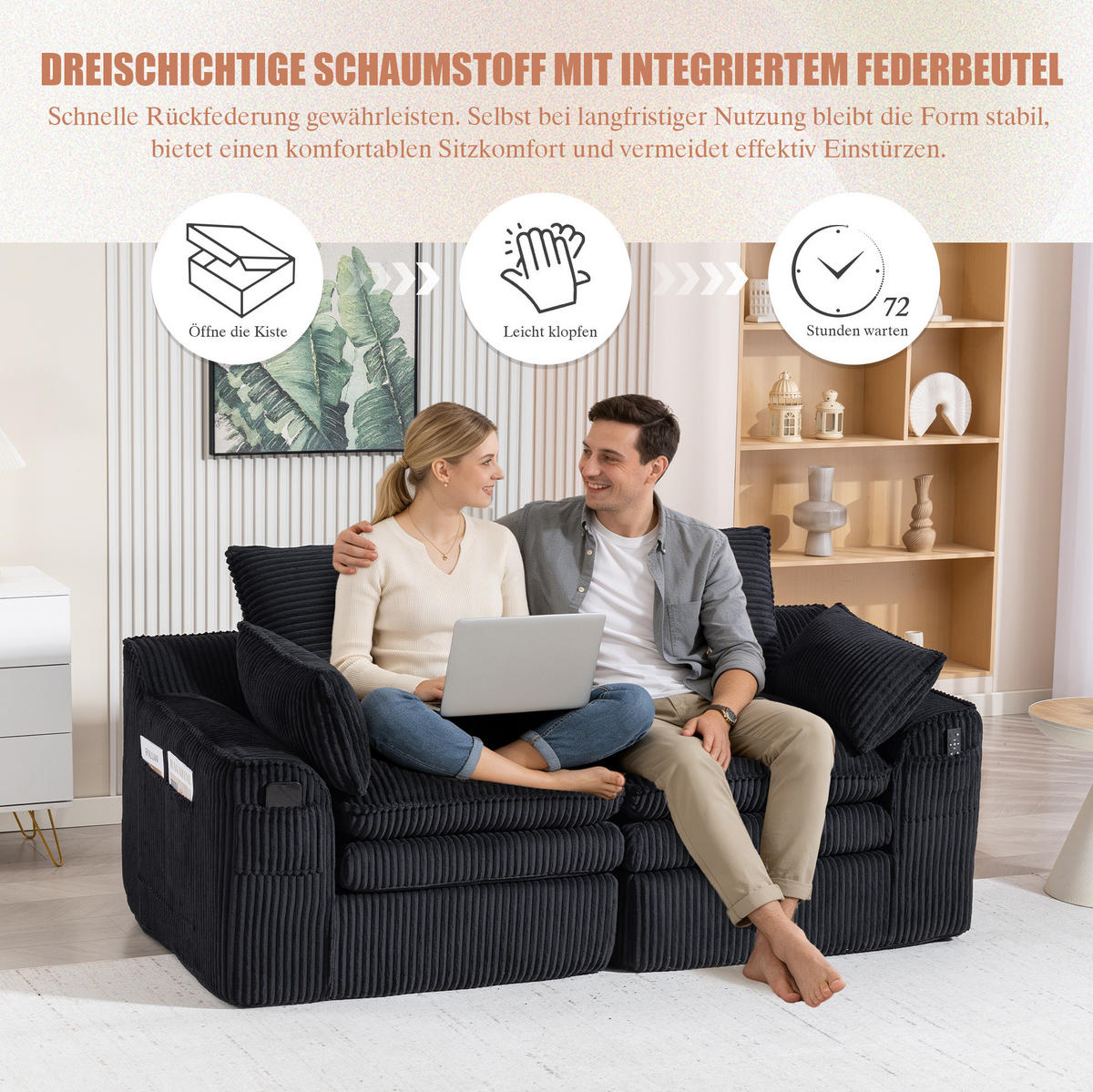 2-SITZER-SOFA 191/94/85 cm mit Seitentaschen und Kissen, Cordbezug und Federkern, Schwarz - Schwarz, Textil (191/85/94cm) - Redom
