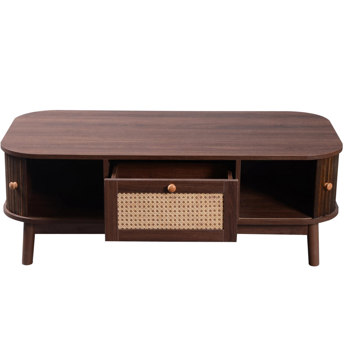 COUCHTISCH aus MDF 110x55x38,5 cm Naturfarben mit Schubladen, Türen und Rattan-Details - Naturfarben, Holzwerkstoff (110/55/38.5cm) - IVMEU