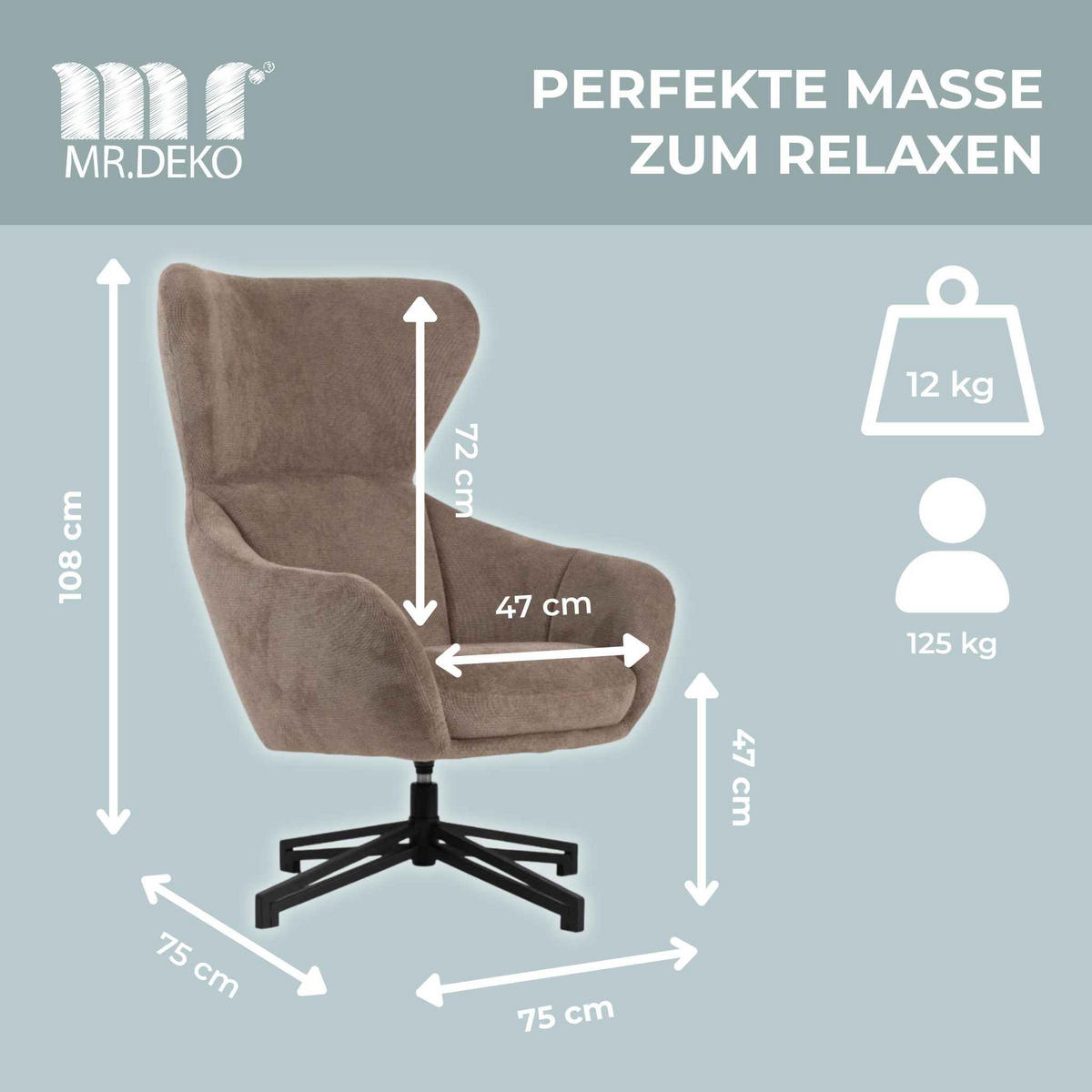 OHRENSESSEL Marconia - Schwarz/Braun, Textil/Metall (75/109/80cm) - Mr. Deko