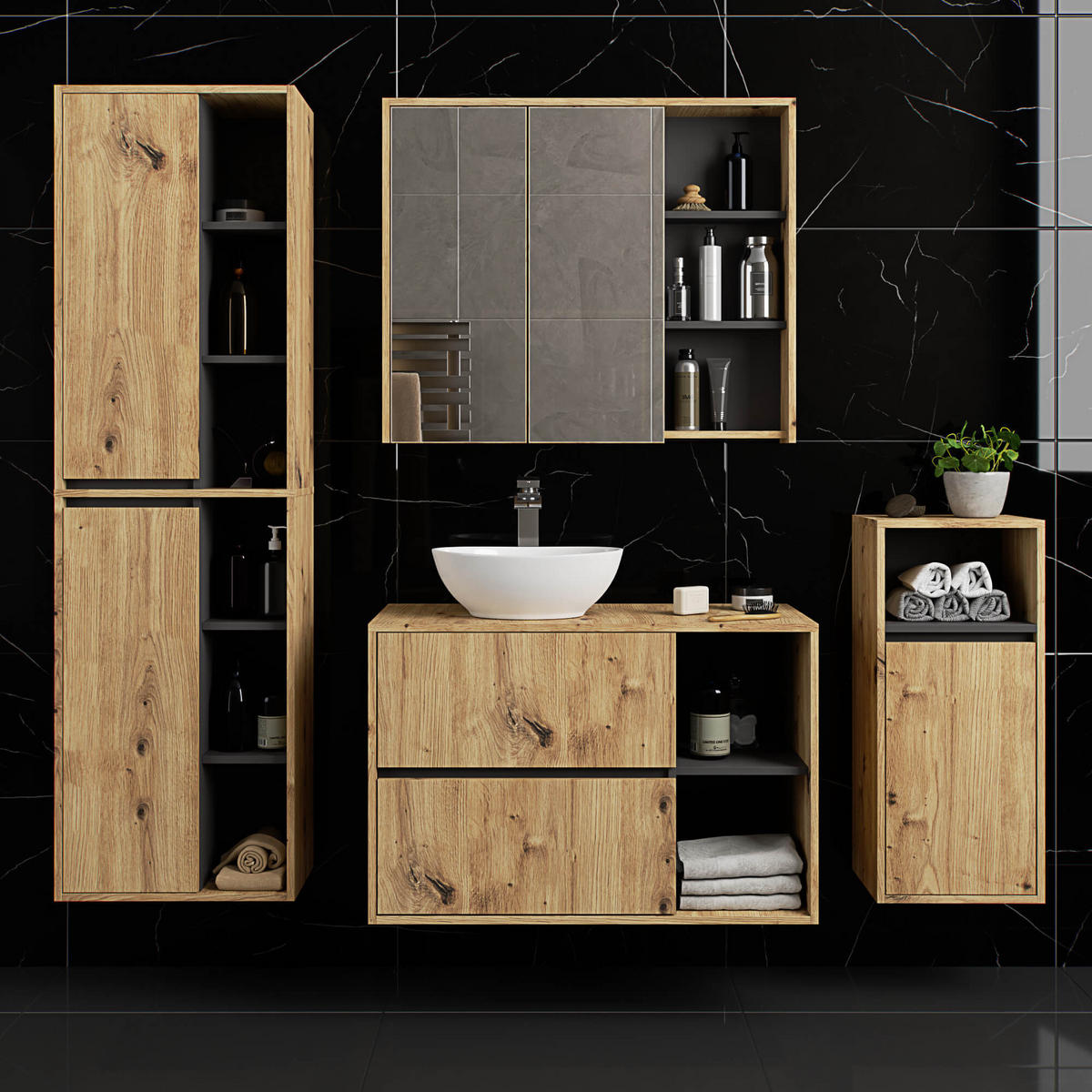 BAD HOCHSCHRANK Vami Eiche Artisan, Grau - Eiche Artisan/Grau, Holzwerkstoff (50/170/30cm) - Akord