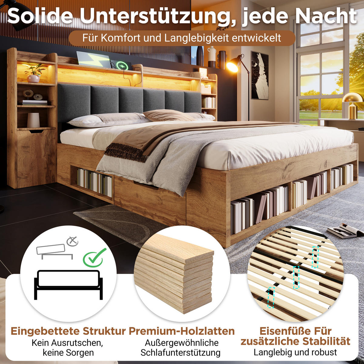 BETT 180/200 cm in Eichefarben mit Schubladen, Regal, LED, USB und Type-C Holzoptik - Eichefarben/Grau, Holzwerkstoff/Textil (180/200cm) - STILVORA