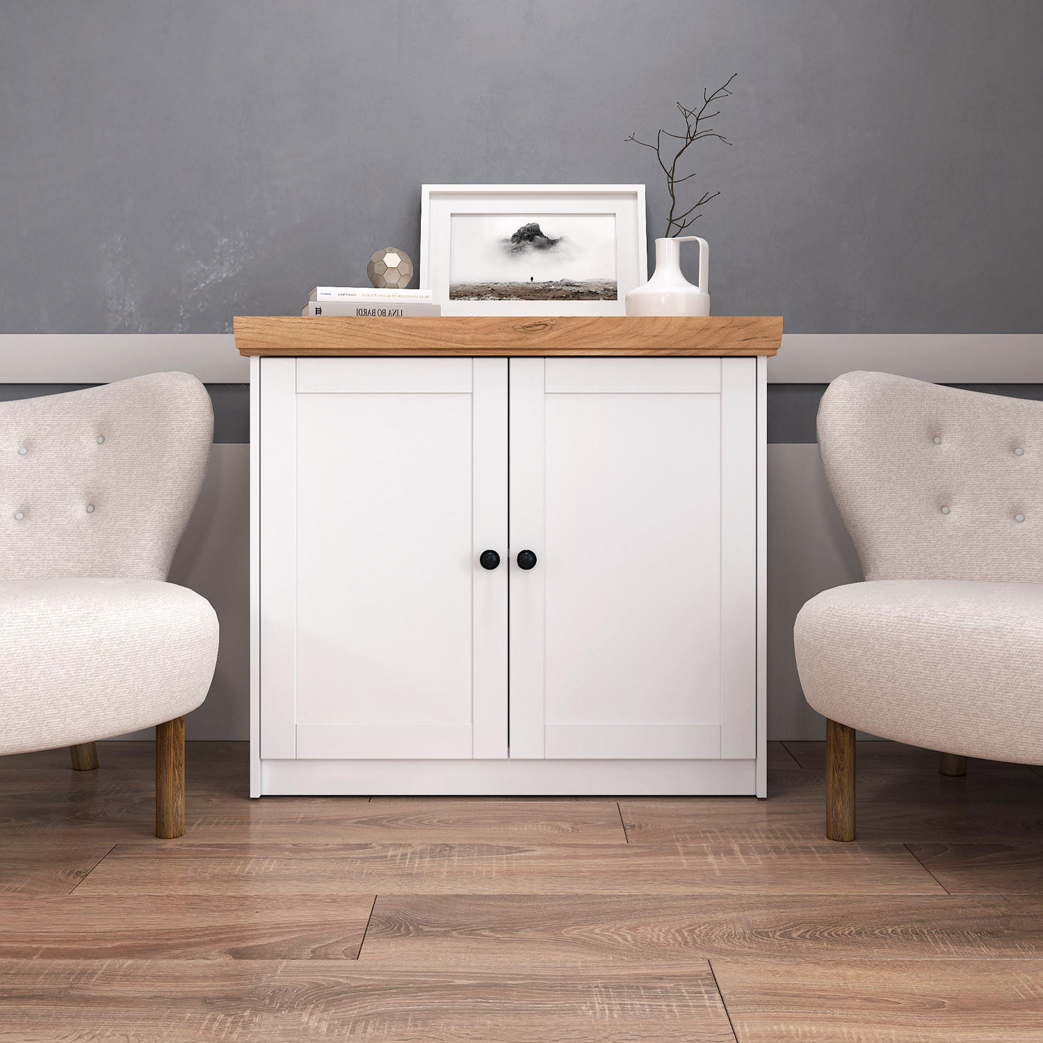 SIDEBOARD 92/82/41 cm Weiß Natur - Schwarz/Weiß, Holz/Metall (92/82/41cm) - Homestyle4u