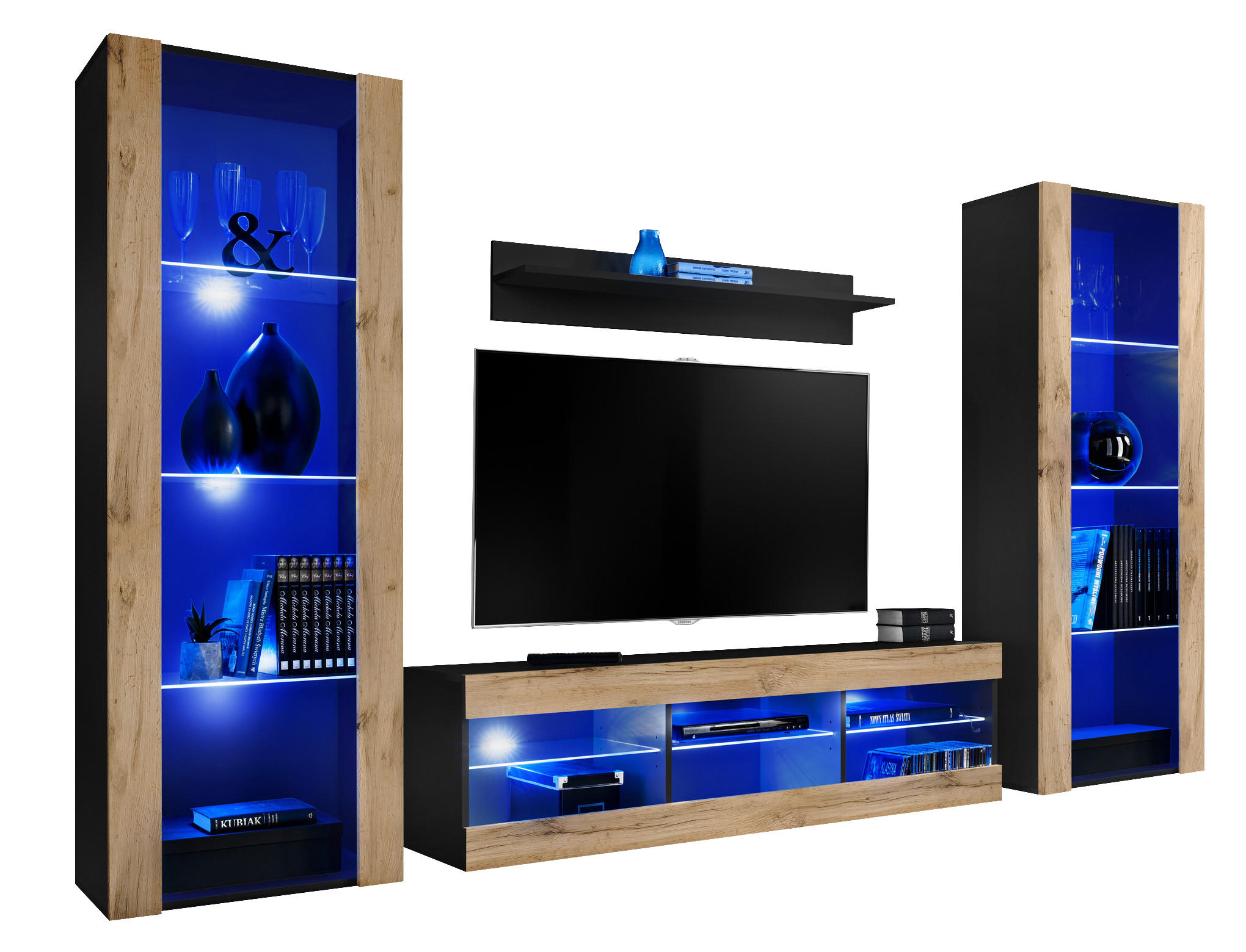 WOHNZIMMERSET TIVOLI GRANDE, 4er-Set, Eiche Wotan, LED Blau - Eiche Wotan/Schwarz, Glas/Holzwerkstoff (250/159/35cm) - Komodee