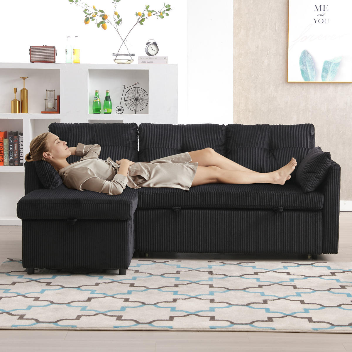 ECKSCHLAFSOFA Cord Schwarz mit Bettfunktion, Stauraum und mit Kissen - Schwarz, Holzwerkstoff/Textil (206/108cm) - WISHDOR