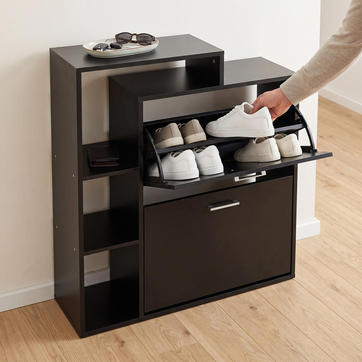 SCHUHSCHRANK Schwarz industriell 2 Klappen 90x80x23,5 cm - Schwarz, Holzwerkstoff/Kunststoff (80/90/23.5cm) - Relaxdays