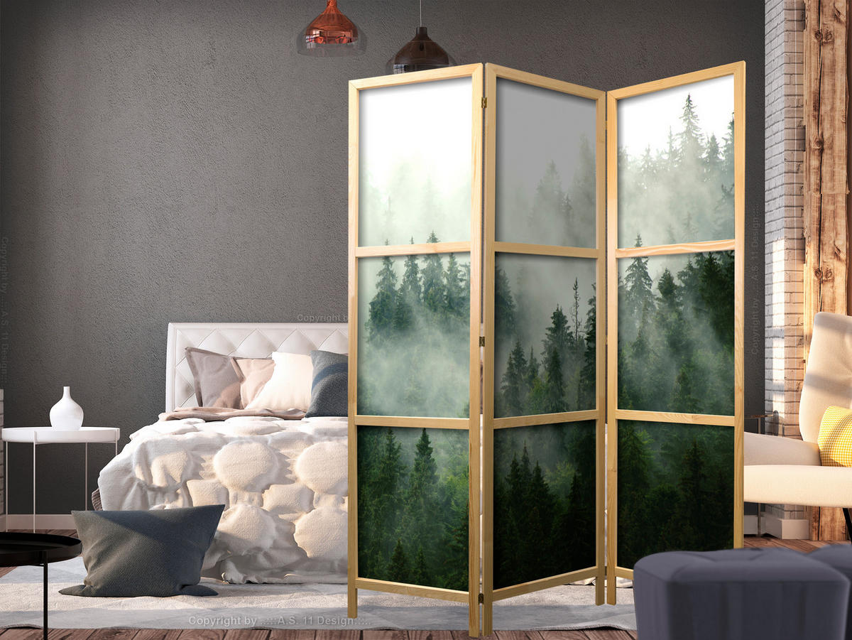 PARAVENT Japanischer 3-tlg 135x172 cm Wald Im Nebel - Grün, Holz/Textil (135/172/3cm) - Muralo