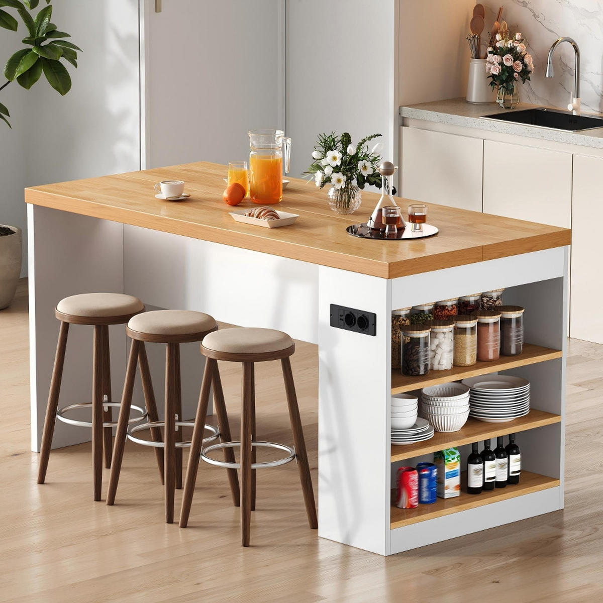 KÜCHENINSEL mit LED, 40mm Arbeitsplatte, Steckdose & USB, 3 Ablagen, 155/80/90 cm - Weiß, Kunststoff (80/90/155cm) - Rolipo