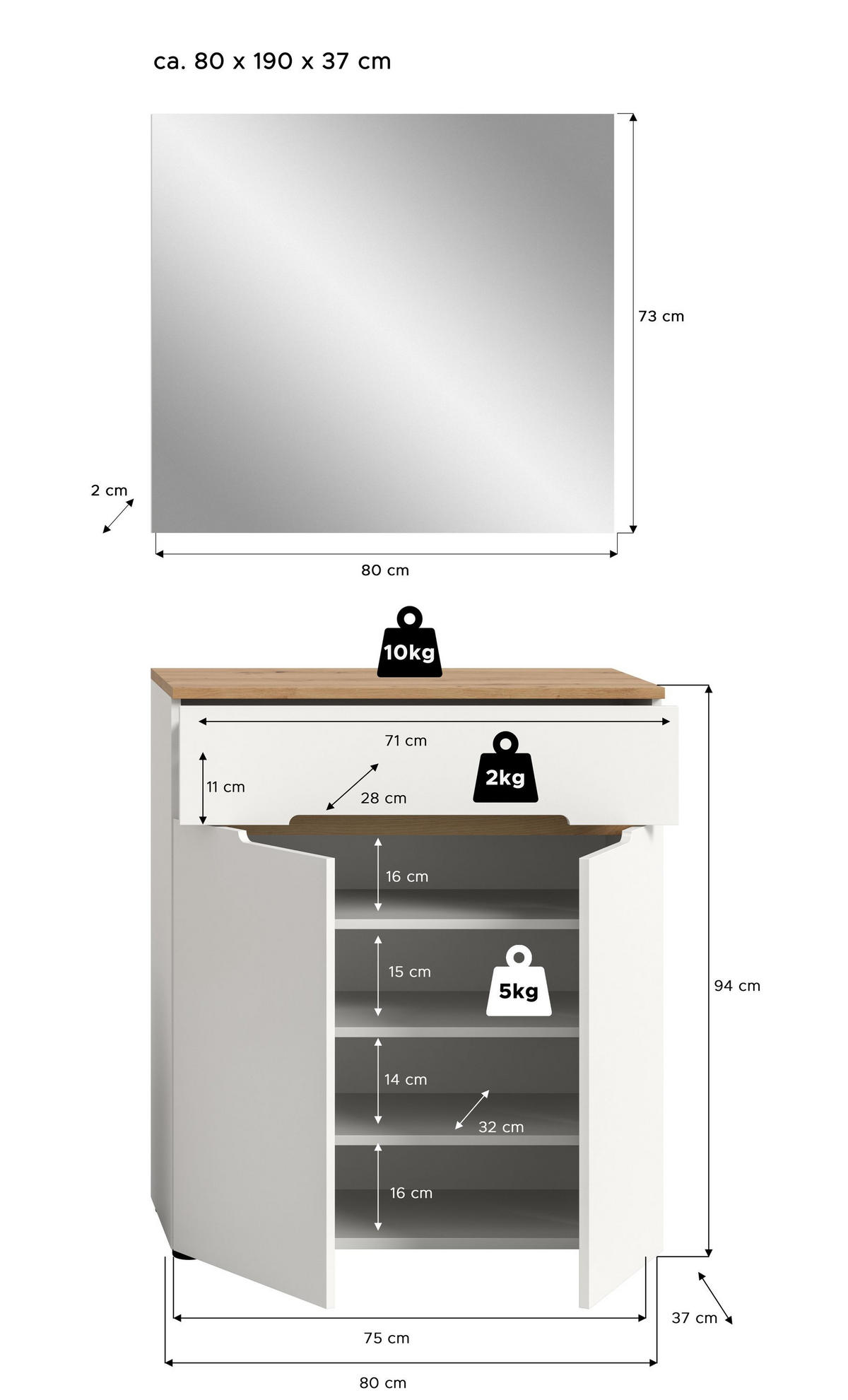 GARDEROBEN-SET 2tlg. Nova (B/H/T: 80x190x37 cm) in Weiß - Weiß, Holzwerkstoff (80/190/37cm) - Homes & Jones