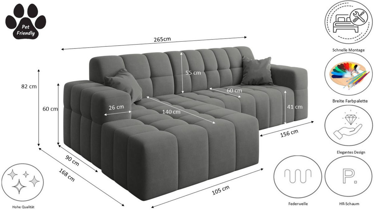 ECKSOFA L-förmiges Nimes Velours Stoff Anthrazit Links - Anthrazit, Holz/Kunststoff (168/265cm) - Kaiser Möbel