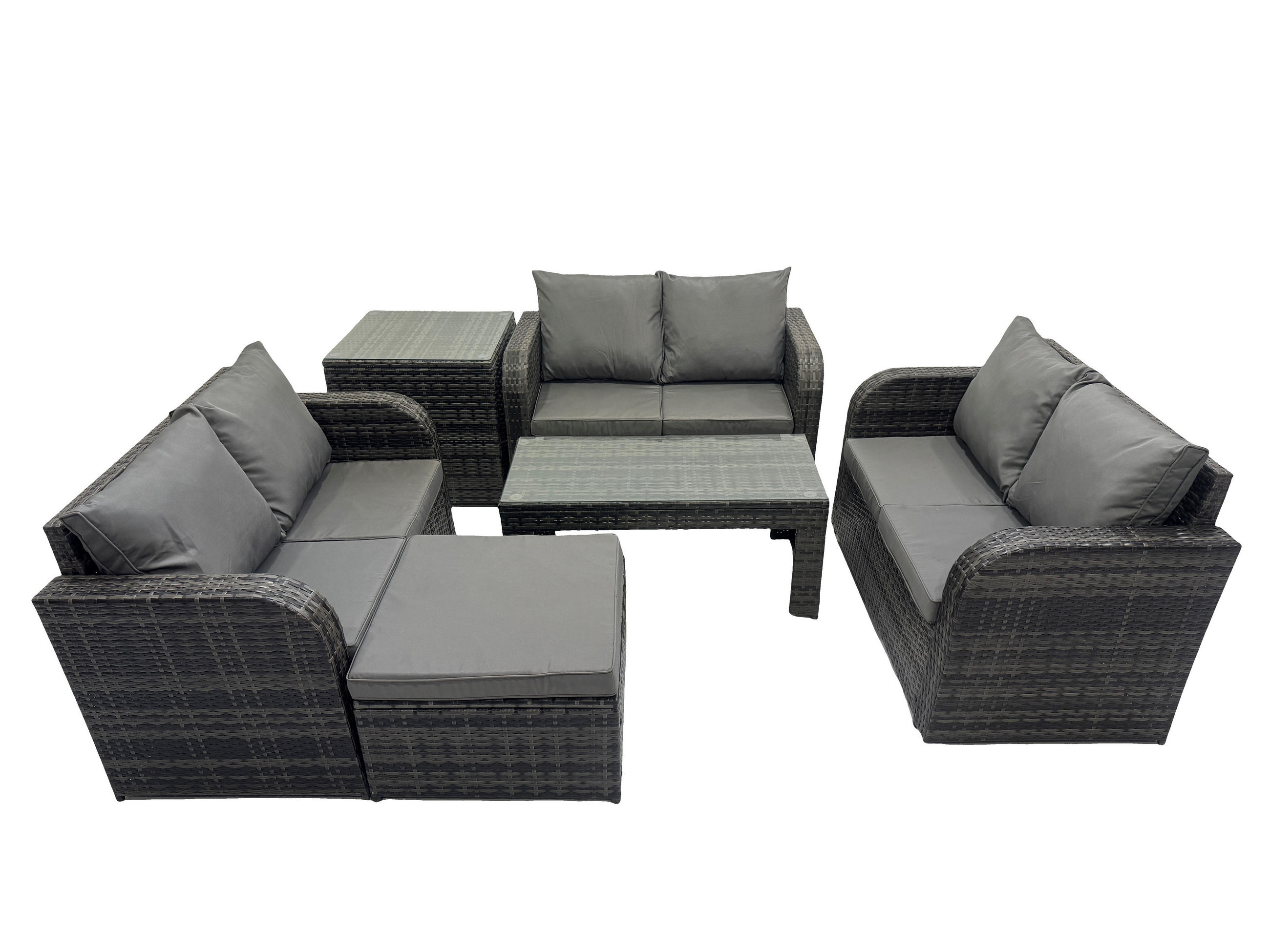 GARTENSOFA SET mit rechteckigem COUCHTISCH Polyrattan 7-Sitzer Dunkelgrau - Dunkelgrau/Grau, Glas/Kunststoff - Fimous