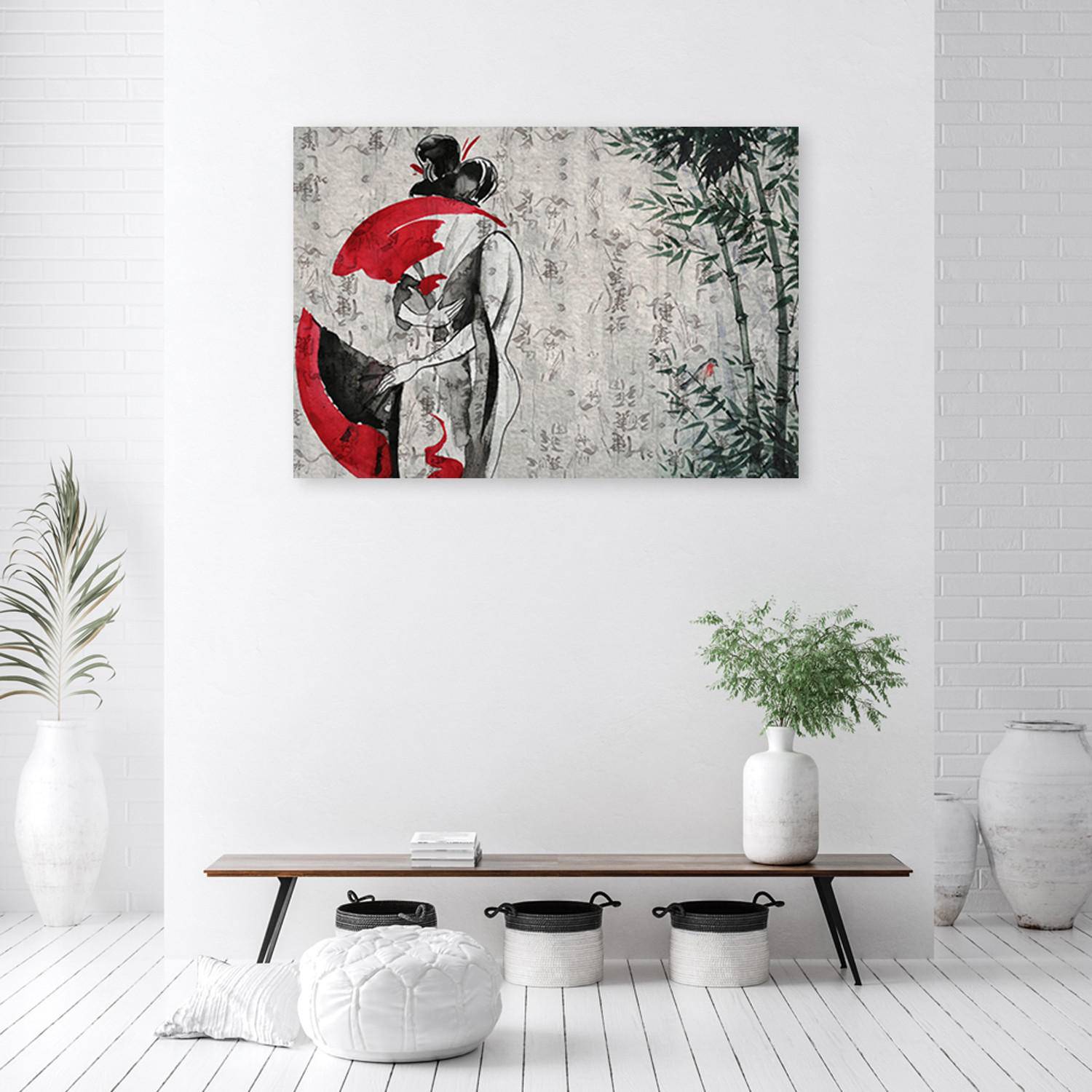 WANDBILD japanische geisha mit einem fan - Rot, Textil (60/40cm) - Feeby