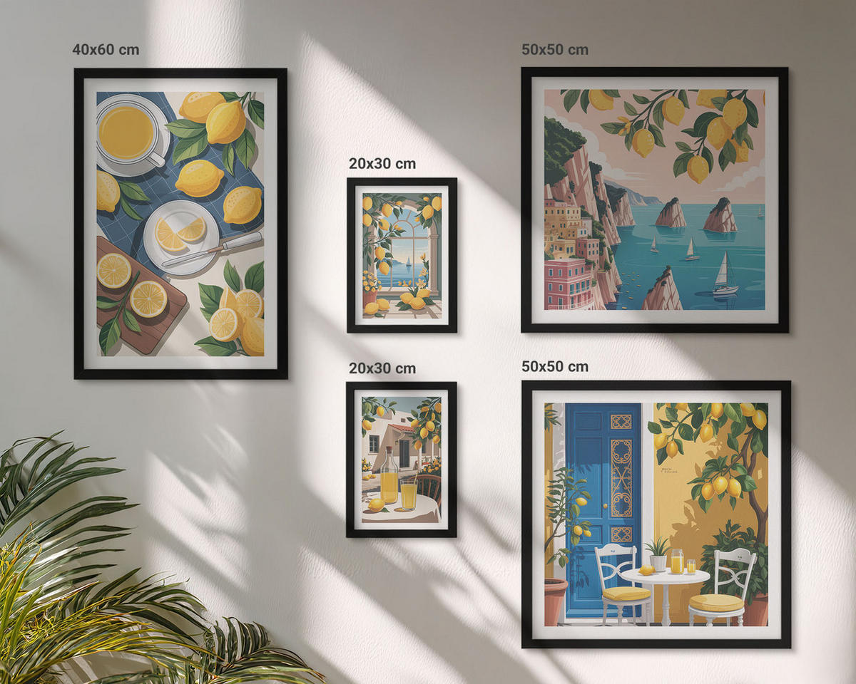BILDER SET 5er Set - 50x50 cm & 20x30 cm & 40x60 cm Schwarzer Rahmen - Berge, rosa Himmel, Wasser, Sukkulente - Schwarz, Kunststoff (40/60cm) - TULUP