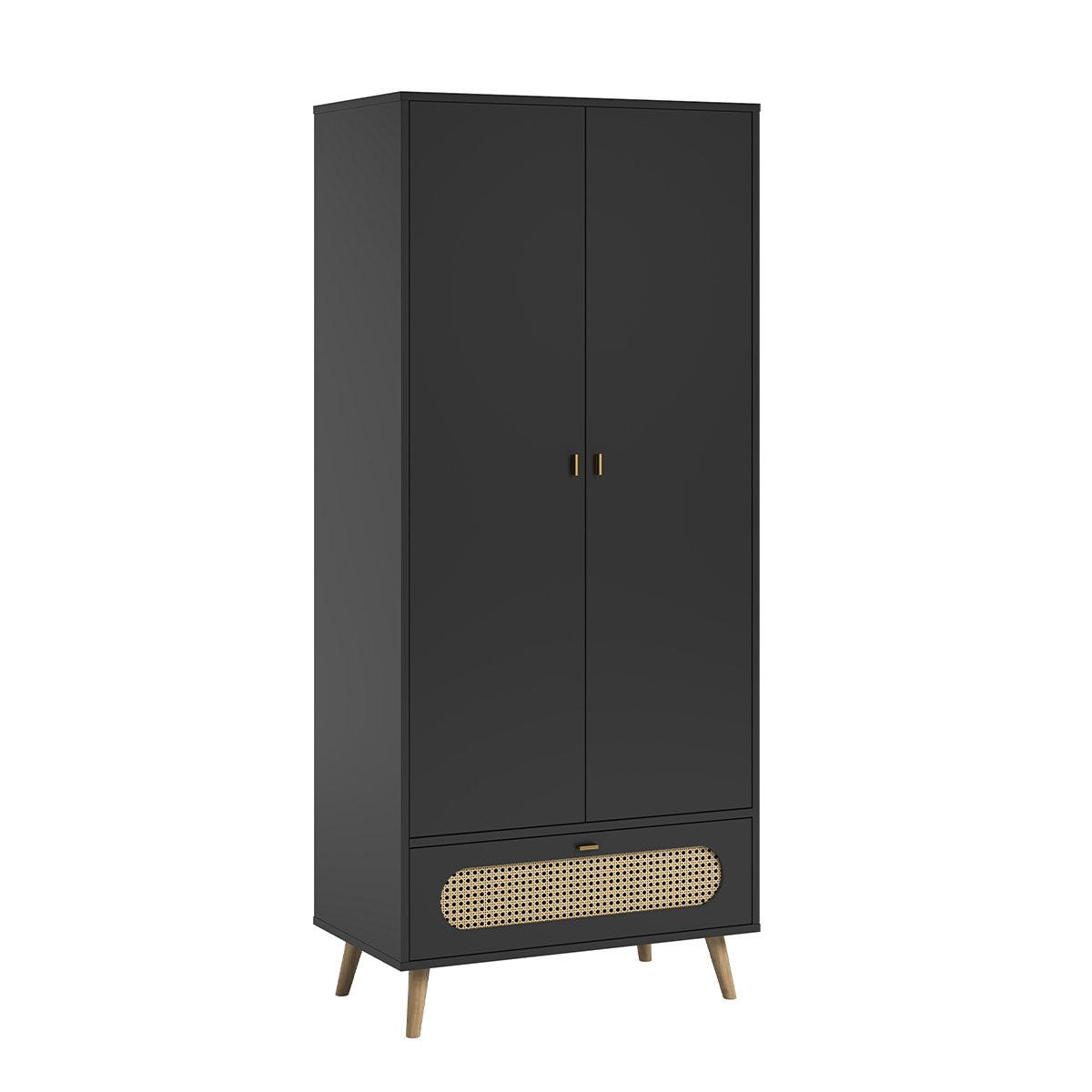 SCHRANK mit 2 Türen und 1 Schublade aus Rattan L85 x H195 cm - Canne - Schwarz, Holzwerkstoff (49/195/85cm) - Calicosy