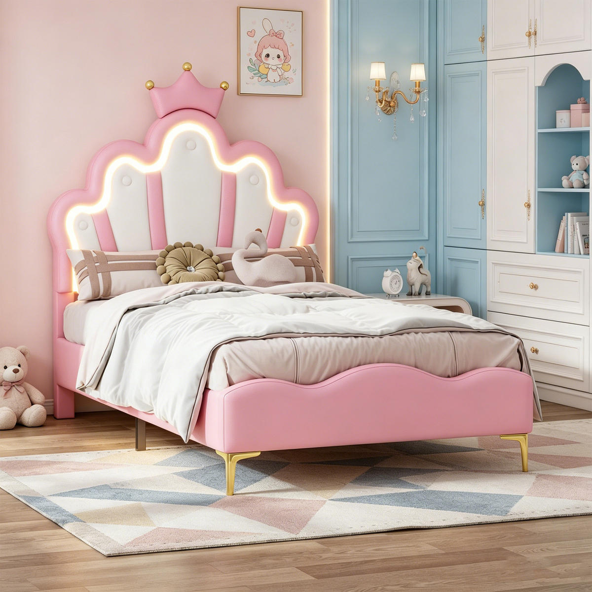 KINDERBETT 90x200 mit LED, Blütenblatt Kopfteil mit Krone, Rosa PU, höhenverstellbar - Pink, Leder/Holz (90/200cm) - GENKI LIVING