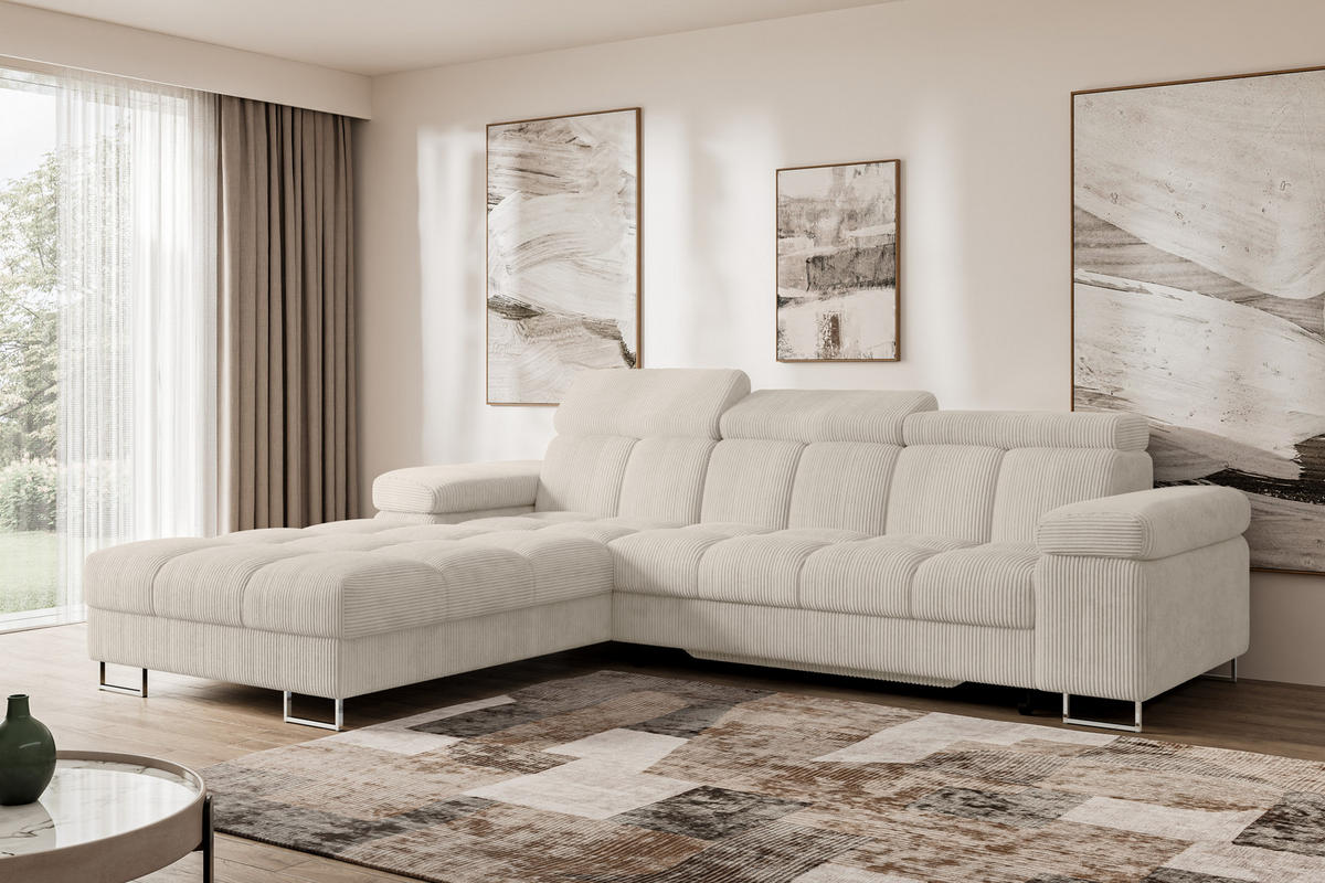 ECKSOFA mit Schlaffunktion Ottomane Links COMA L 271x203x79 Beige Cord - Beige, Holzwerkstoff/Textil (271/203cm) - ALTDECOR