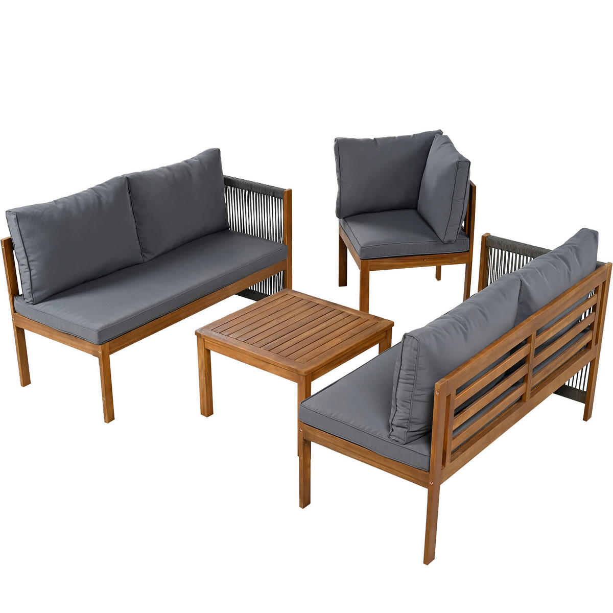 LOUNGESET Grau Eck Mit Couchtisch Akazie - Grau, Textil - FLIEKS