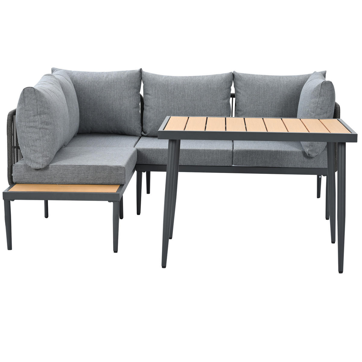 GARTEN-ESSGRUPPE 178/139/68 cm grau aus Olefin und verzinktem Stahl mit Ecksofa und Esstisch - Grau, Metall - OKWISH