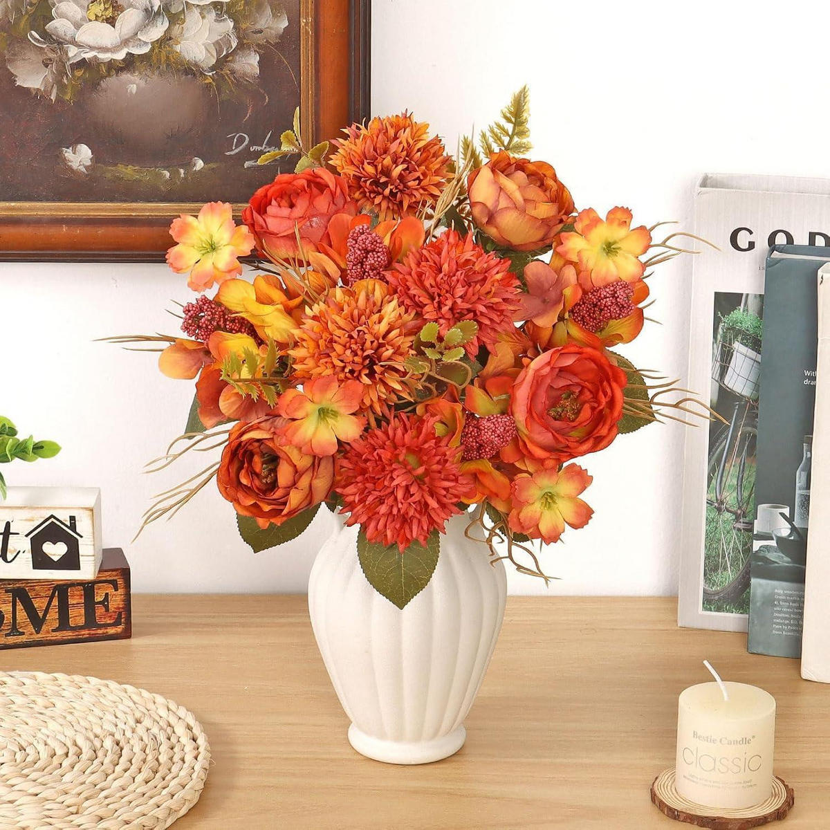 KUNSTBLUMEN Herbststrauß 2er Set Pfingstrosen Chrysanthemen 32 cm Orange - Orange, Textil (30cm)