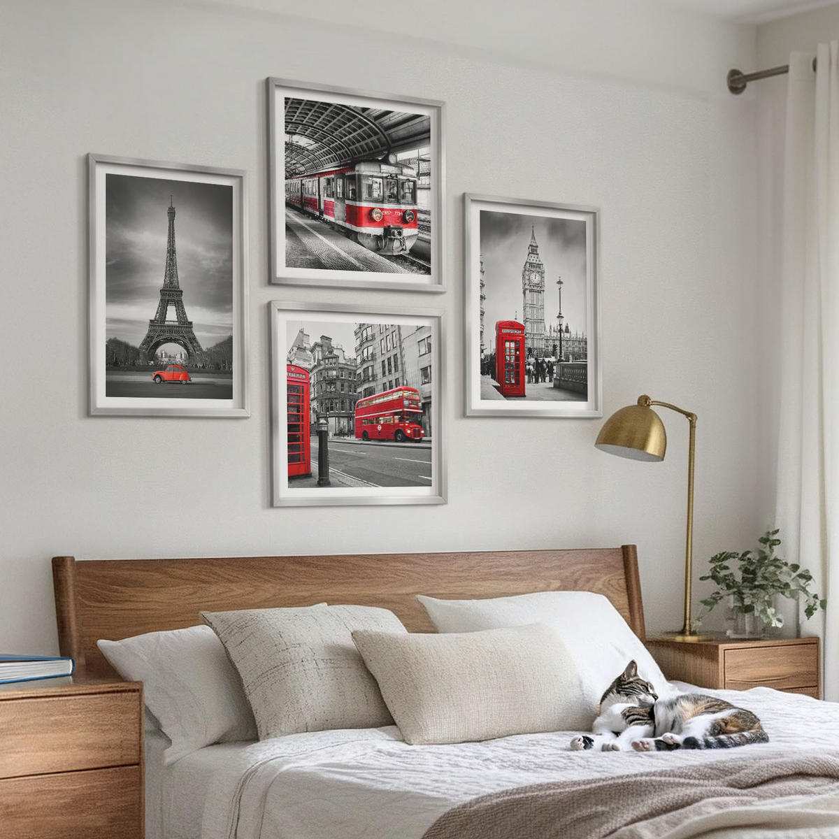 BILDER SET 4er Set - 50x50 cm & 40x60 cm Silberner Rahmen - Rote Busse in der Stadt - Silberfarben, Kunststoff (50/50cm) - TULUP