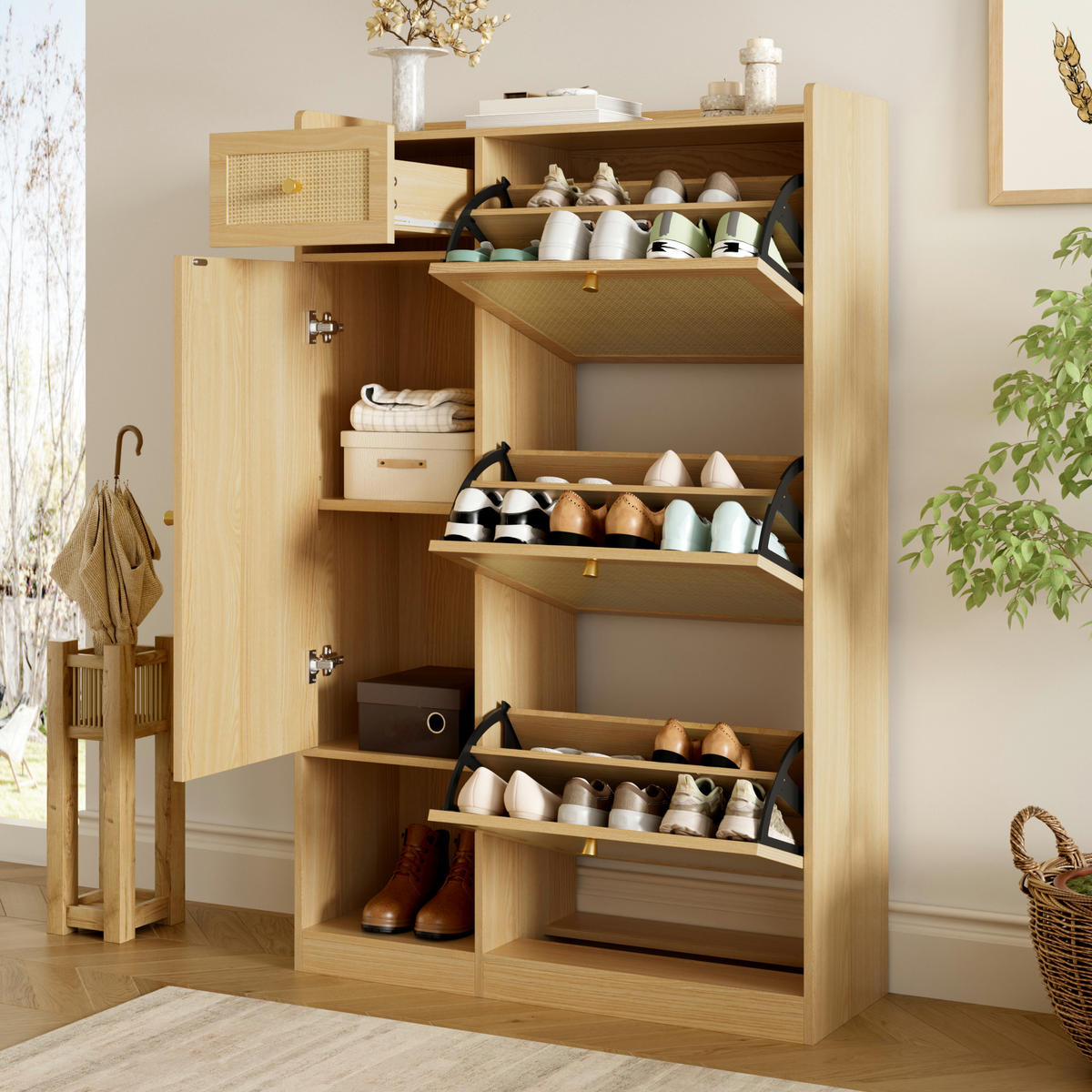 SCHUHSCHRANK 80.5x25x125cm Rattan mit 3 Klappen - Naturfarben, Holzwerkstoff (80.5/125/25cm) - FLIEKS