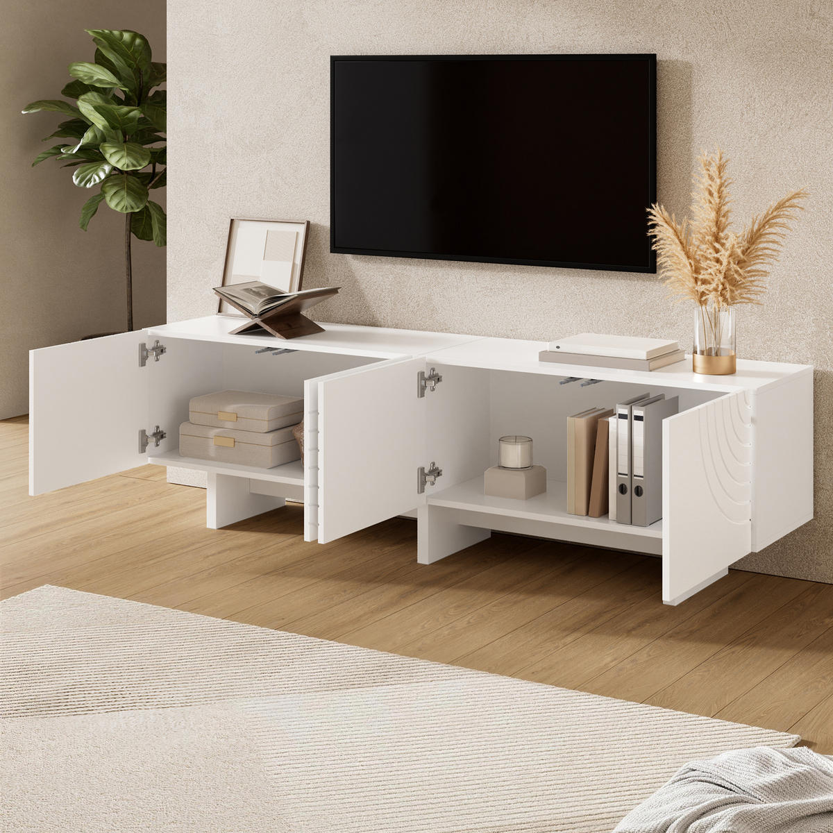 TV-SCHRANK Weiß 170/35/50 cm, 4 Türen, Relief-Fronten, Bogenmuster - Weiß, Holzwerkstoff (170/50/35cm) - PANGIVO