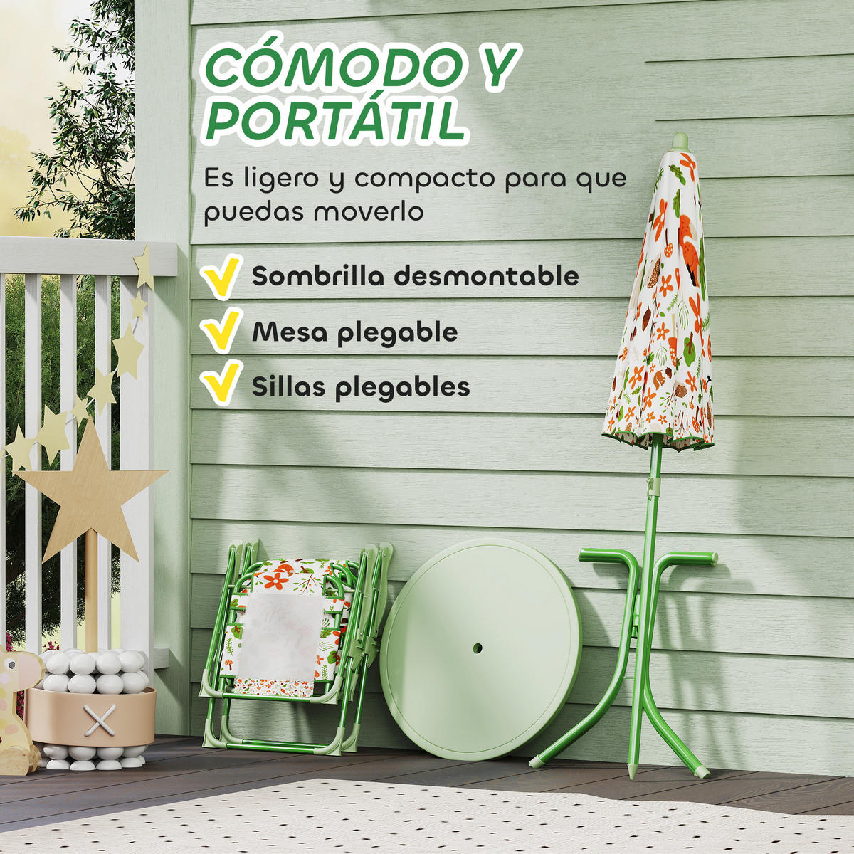 GARTEN-SET, Klappbares Set für Kinder 2–5 Jahre mit Sonnenschirm, Grün - Multicolor, Holzwerkstoff - FORIOUS