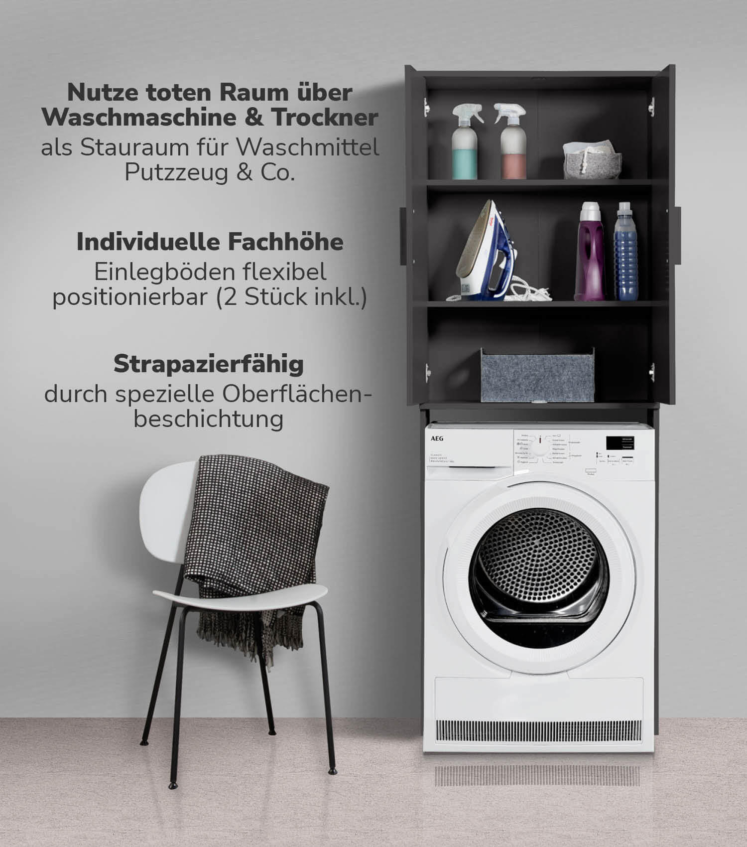 WASCHMASCHINENSCHRANK Der Saubermann - Anthrazit/Schwarz, Holzwerkstoff (65/180/34cm) - Mokebo