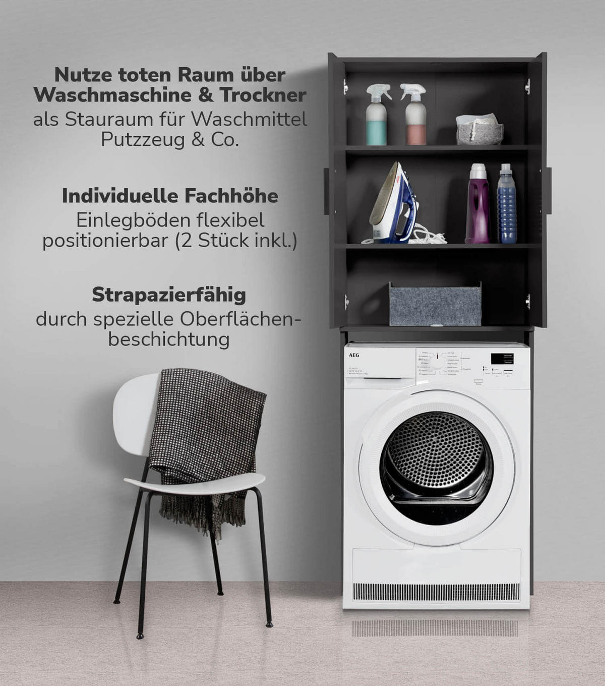 WASCHMASCHINENSCHRANK Der Saubermann - Anthrazit/Schwarz, Holzwerkstoff (65/180/34cm) - Mokebo