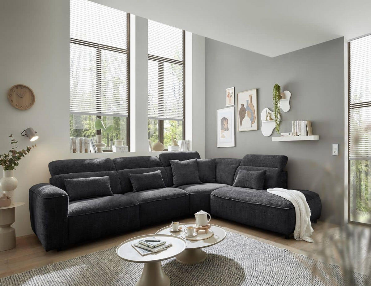 ECKSOFA mit 5-fach verstellbare Kopflehnen und pflegeleichter Mikrofaser-Chenille-Bezug - Schwarz, Kunststoff/Textil (285/339cm) - ed exciting design