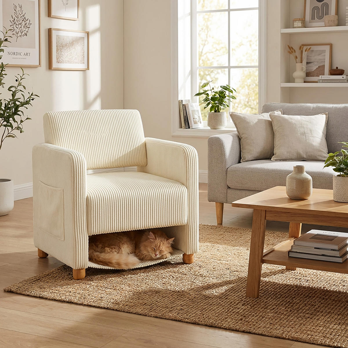 SESSEL, Gepolsterte breite Sitzfläche mit Armlehnen, Cordbezug, Massivholzfüße, Beige - Beige, Holz (46.5/77.5/46.5cm) - Meubles Cosy